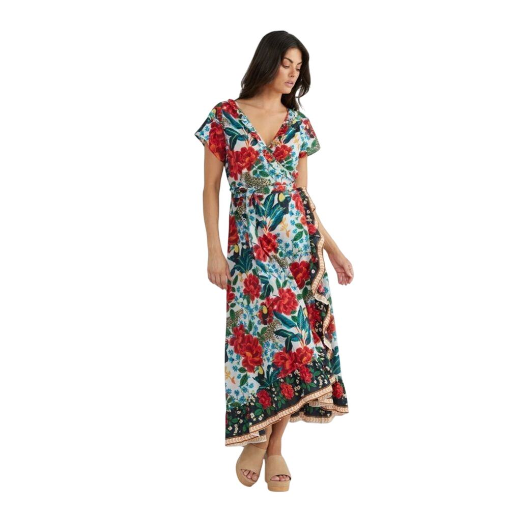Talisman $179 Toledo Floral V-Neck Ruffle Palm Springs Boho Cotton Wrap Dress L
